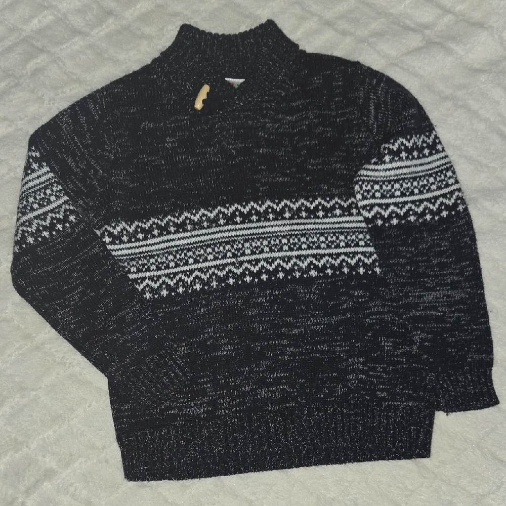 Black and White Turtleneck Sweater with Nordic Pattern